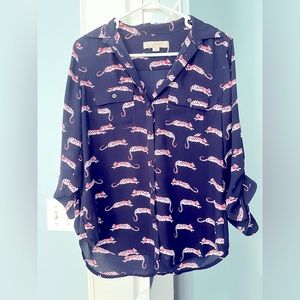 Loft Navy Blouse with Pink Tigers